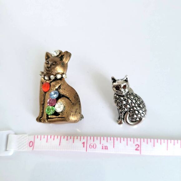 Vintage Small Cat Pins Antique Gold Rhinestone Silver Marcasite Style Set of 2 - Picture 7 of 8